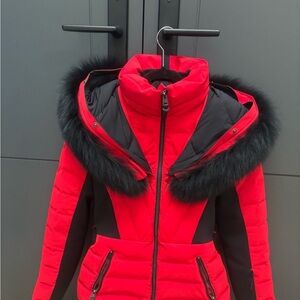 Women's Red Puffer Jacket with Faux Fur Trim